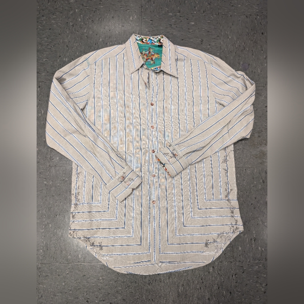 Robert Graham Beige and Blue Striped Shirt